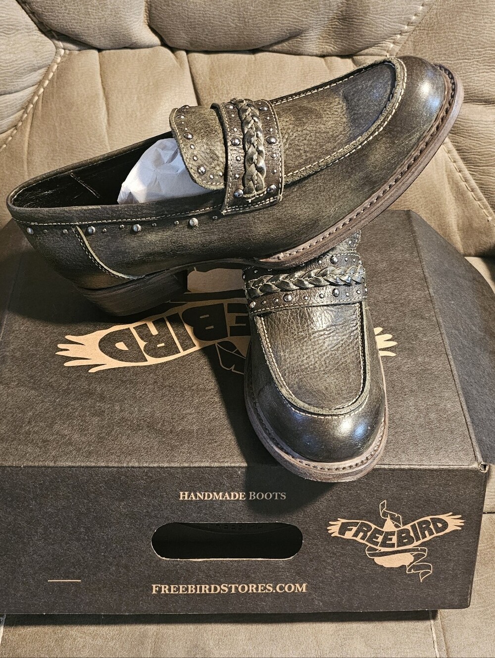 Women's Freebird Olive Green Leather Loafers with Stud and Braid Detail - Picture 2 of 4